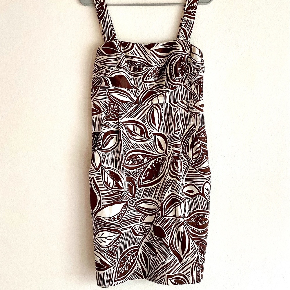 ABS Silk Dress Women Sz 10 Brown White Botanical Leaf Print Cocktail Wedding